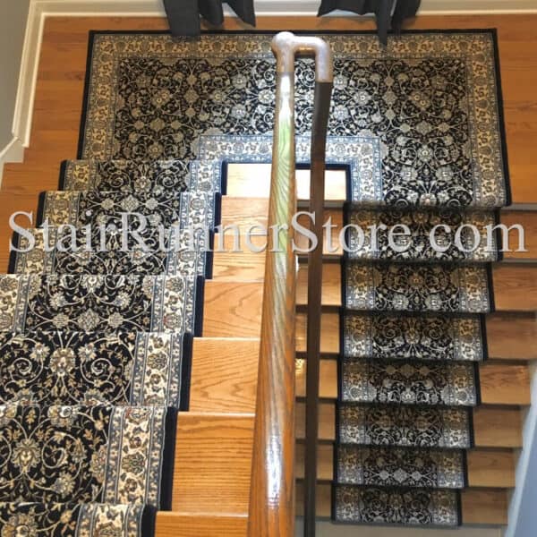Custom U shaped landing Ancient Garden Stair Runner 57120 Navy 26"