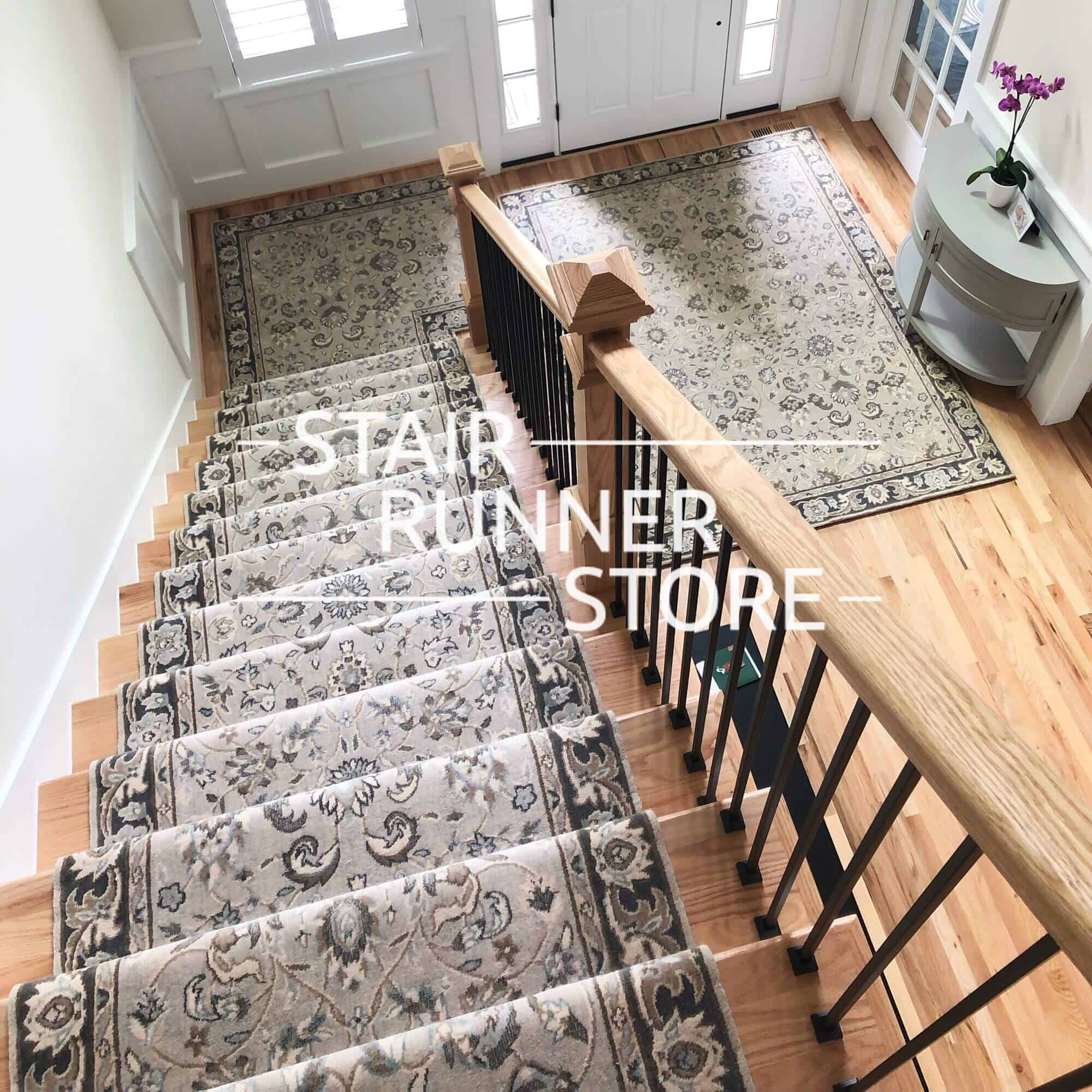 https://www.stairrunnerstore.com/wp-content/uploads/2023/06/kashan-elite-mist-stair-runner-custom-landing-and-custom-area-rug-2.jpeg