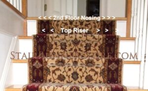 Stair runner ending on the top riser, top end of a staircase.